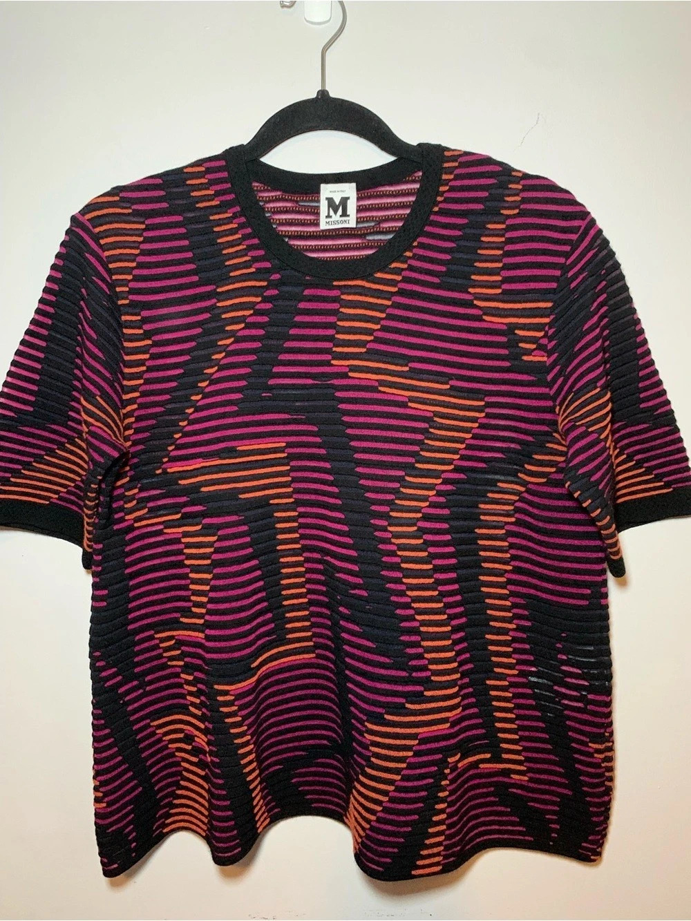 M Missoni short sleeve knit top Geometric Knit Top in Black Purple & Orange Size